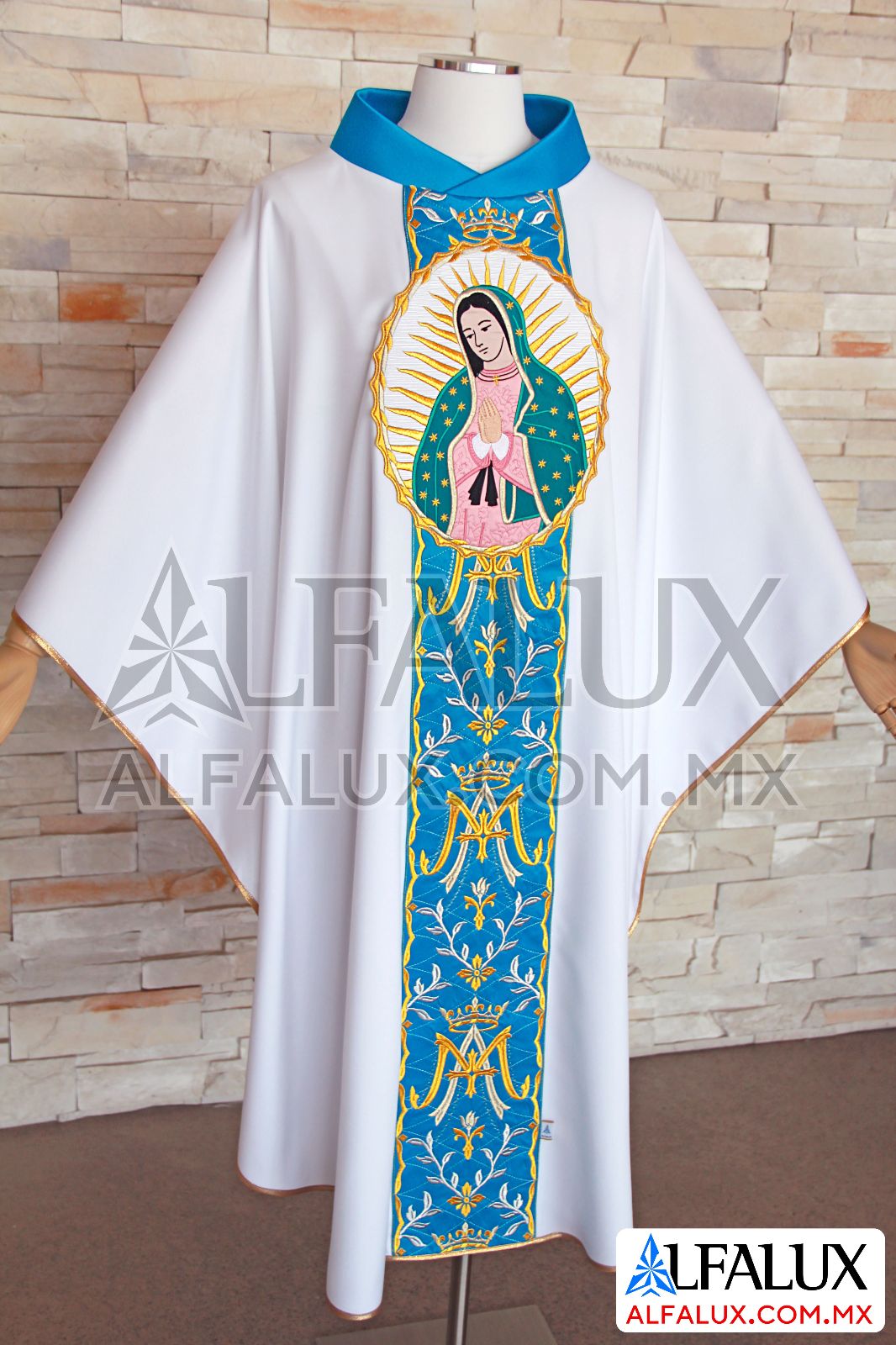 28 MARIA REINA Alfalux Casulla Central Blanco Azul Turqueza Medallon Virgen 210 (2)